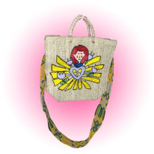 Bolsa Artesanal, bordada a mano en Ixtle, con logo representativo de la marca very bonita.